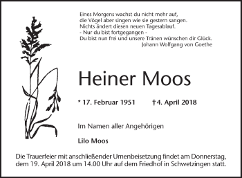 Traueranzeige von Heiner Moos von Schwetzinger Zeitung