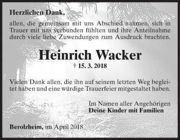 Traueranzeige von Heinrich Wacker von Fränkische Nachrichten