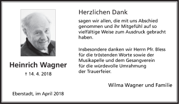 Traueranzeige von Heinrich Wagner von Fränkische Nachrichten