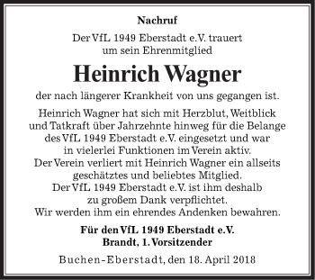 Traueranzeige von Heinrich Wagner von Fränkische Nachrichten