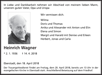 Traueranzeige von Heinrich Wagner von Fränkische Nachrichten