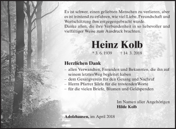 Traueranzeige von Heinz Kolb von Fränkische Nachrichten