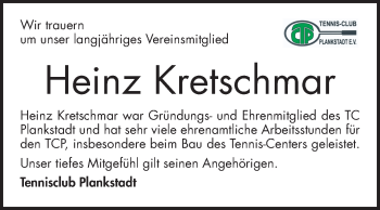 Traueranzeige von Heinz Kretschmar von Schwetzinger Zeitung