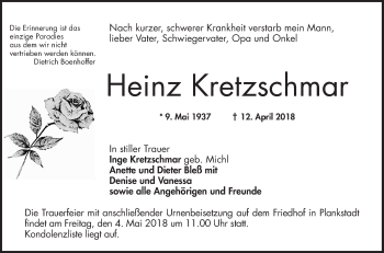 Traueranzeige von Heinz Kretschmar von Schwetzinger Zeitung