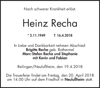 Traueranzeige von Heinz Recha von Schwetzinger Zeitung