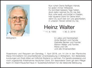 Traueranzeige von Heinz Walter von Fränkische Nachrichten