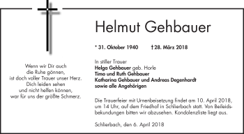 Traueranzeige von Helmut Gehbauer von Bergsträßer Anzeiger