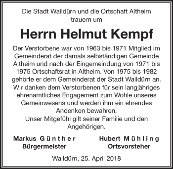 Traueranzeige von Helmut Kempf von Fränkische Nachrichten