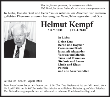 Traueranzeige von Helmut Kempf von Fränkische Nachrichten