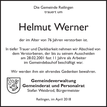 Traueranzeige von Helmut Werner von Schwetzinger Zeitung