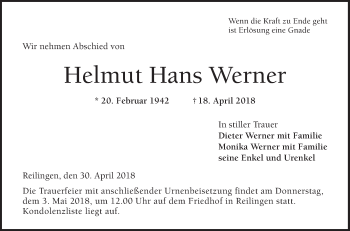 Traueranzeige von Helmut Hans Werner von Schwetzinger Zeitung