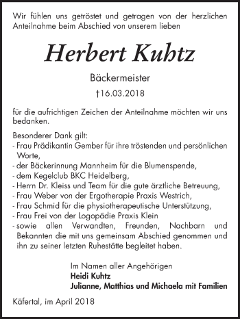 Traueranzeige von Herbert Kuhtz von Mannheimer Morgen