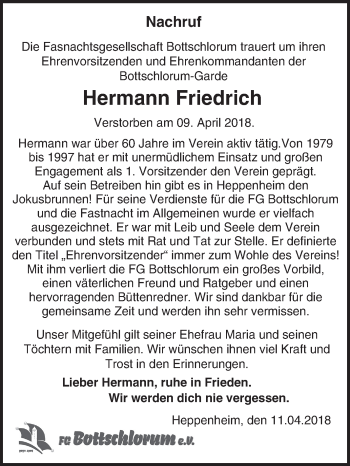 Traueranzeige von Hermann Friedrich 