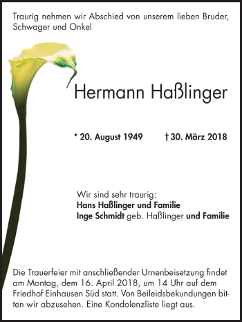 Traueranzeige von Hermann Haßlinger von Bergsträßer Anzeiger