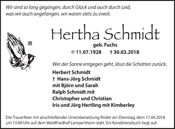 Traueranzeige von Hertha Schmidt von Südhessen Morgen