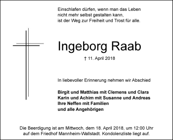 Traueranzeige von Ingeborg Raab von Mannheimer Morgen