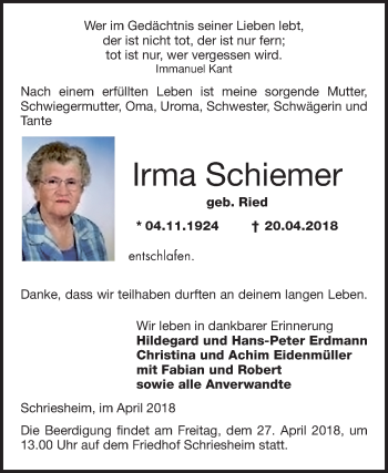 Traueranzeige von Irma Schiemer von Mannheimer Morgen