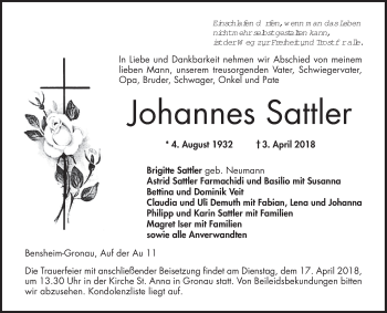 Traueranzeige von Johannes Sattler von Bergsträßer Anzeiger