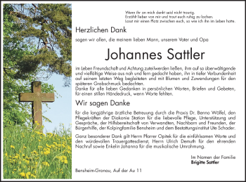 Traueranzeige von Johannes Sattler von Bergsträßer Anzeiger