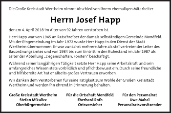 Traueranzeige von Josef Happ von Fränkische Nachrichten