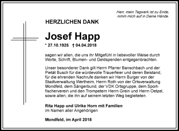 Traueranzeige von Josef Happ von Fränkische Nachrichten