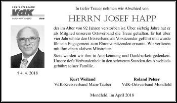 Traueranzeige von Josef Happ von Fränkische Nachrichten