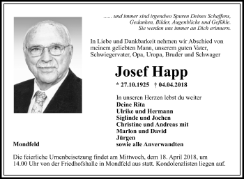 Traueranzeige von Josef Happ von Fränkische Nachrichten