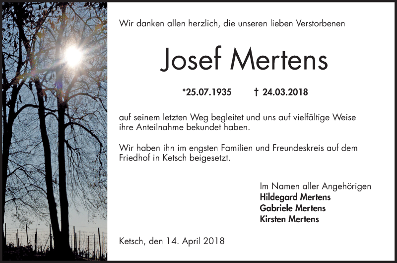  Traueranzeige für Josef Mertens vom 14.04.2018 aus Schwetzinger Zeitung