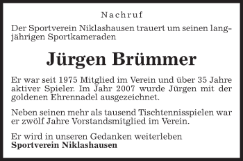 Traueranzeige von Jürgen Brümmer von Fränkische Nachrichten