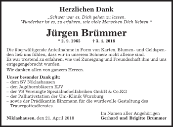 Traueranzeige von Jürgen Brümmer von Fränkische Nachrichten