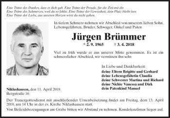 Traueranzeige von Jürgen Brümmer von Fränkische Nachrichten