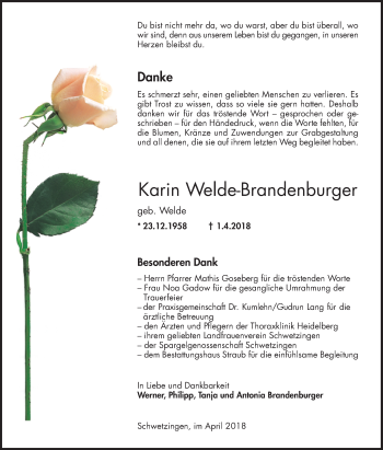 Traueranzeige von Karin Welde-Brandeburger von Schwetzinger Zeitung