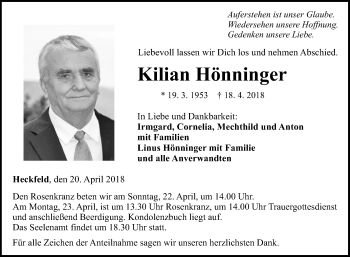 Traueranzeige von Kilian Hönninger von Fränkische Nachrichten