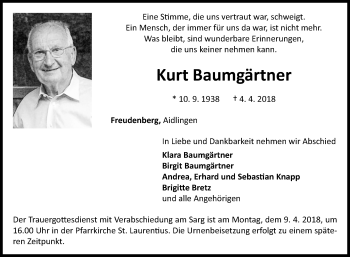 Traueranzeige von Kurt Baumgärtner von Fränkische Nachrichten