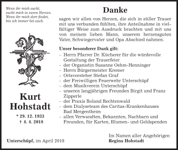 Traueranzeige von Kurt Hohstadt von Fränkische Nachrichten