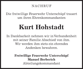 Traueranzeige von Kurt Hohstadt von Fränkische Nachrichten