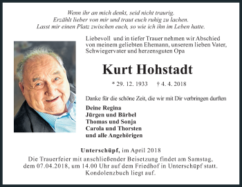 Traueranzeige von Kurt Hohstadt von Fränkische Nachrichten