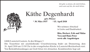 Traueranzeige von Käthe Degen-hardt von Bergsträßer Anzeiger