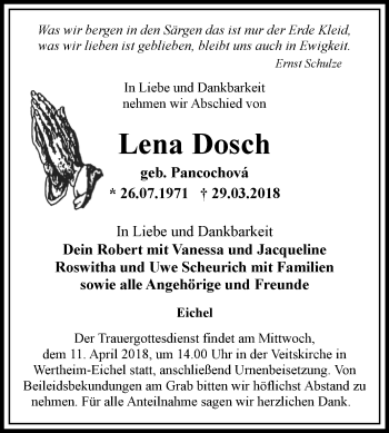 Traueranzeige von Lena Dosch von Fränkische Nachrichten