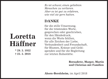 Traueranzeige von Loretta Häffner von Fränkische Nachrichten