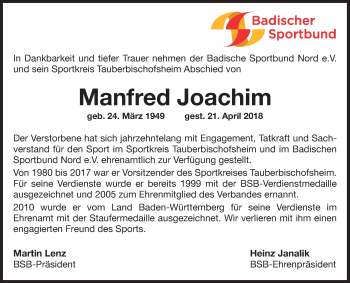 Traueranzeige von Manfred Joachim von Fränkische Nachrichten