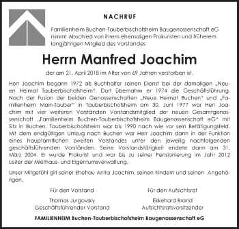 Traueranzeige von Manfred Joachim von Fränkische Nachrichten