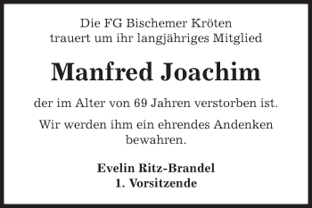 Traueranzeige von Manfred Joachim von Fränkische Nachrichten