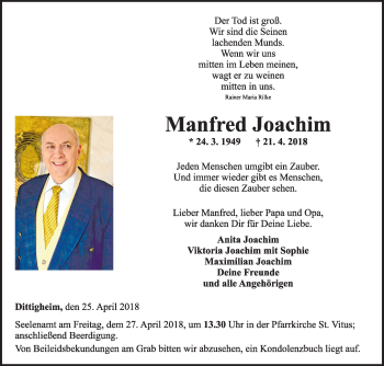 Traueranzeige von Manfred Joachim von Fränkische Nachrichten