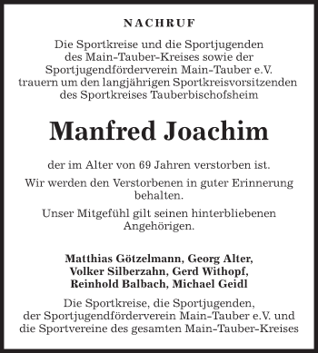 Traueranzeige von Manfred Joachim von Fränkische Nachrichten