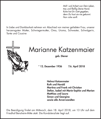 Traueranzeige von Marianne Katzenmaier von Bergsträßer Anzeiger