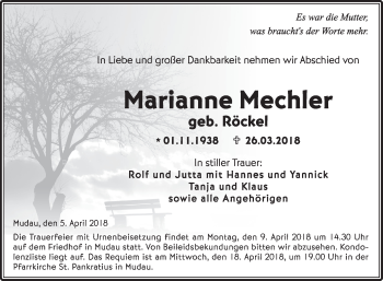 Traueranzeige von Marianne Mechler von Fränkische Nachrichten