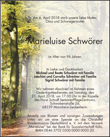 Traueranzeige von Marieluise Schwörer von Mannheimer Morgen