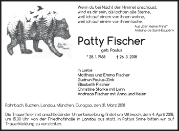 Traueranzeige von Patty Fischer von Fränkische Nachrichten