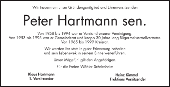 Traueranzeige von Peter Hartmann von Mannheimer Morgen